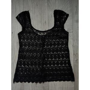 Womens Black Cap Sleeve Crochet Textured Sheer Lace Floral Y2K Blouse Top Medium